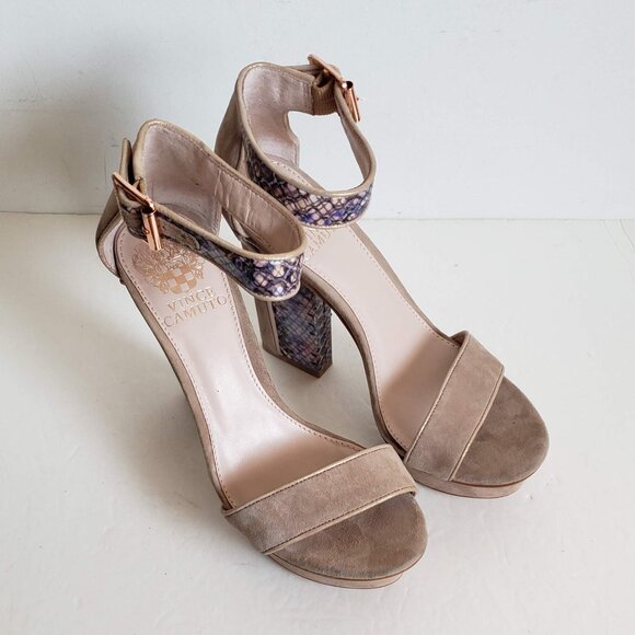 New VINCE CAMUTO Leather Suede Platform Sandal Ankle Strap Snakeskin Pumps Heels - Picture 3 of 10